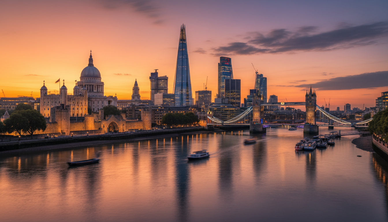A high-resolution wide-angle photograph of the London skyline at sunset, focusing on the mix of historic architecture and modern skyscrapers like The Shard, reflecting on the River Thames.