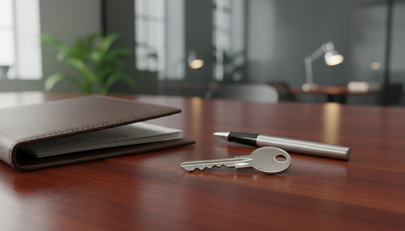 A professional close-up of a silver house key resting on a polished wooden desk next to a leather-bound folder and a high-end pen, soft bokeh background of a modern office.