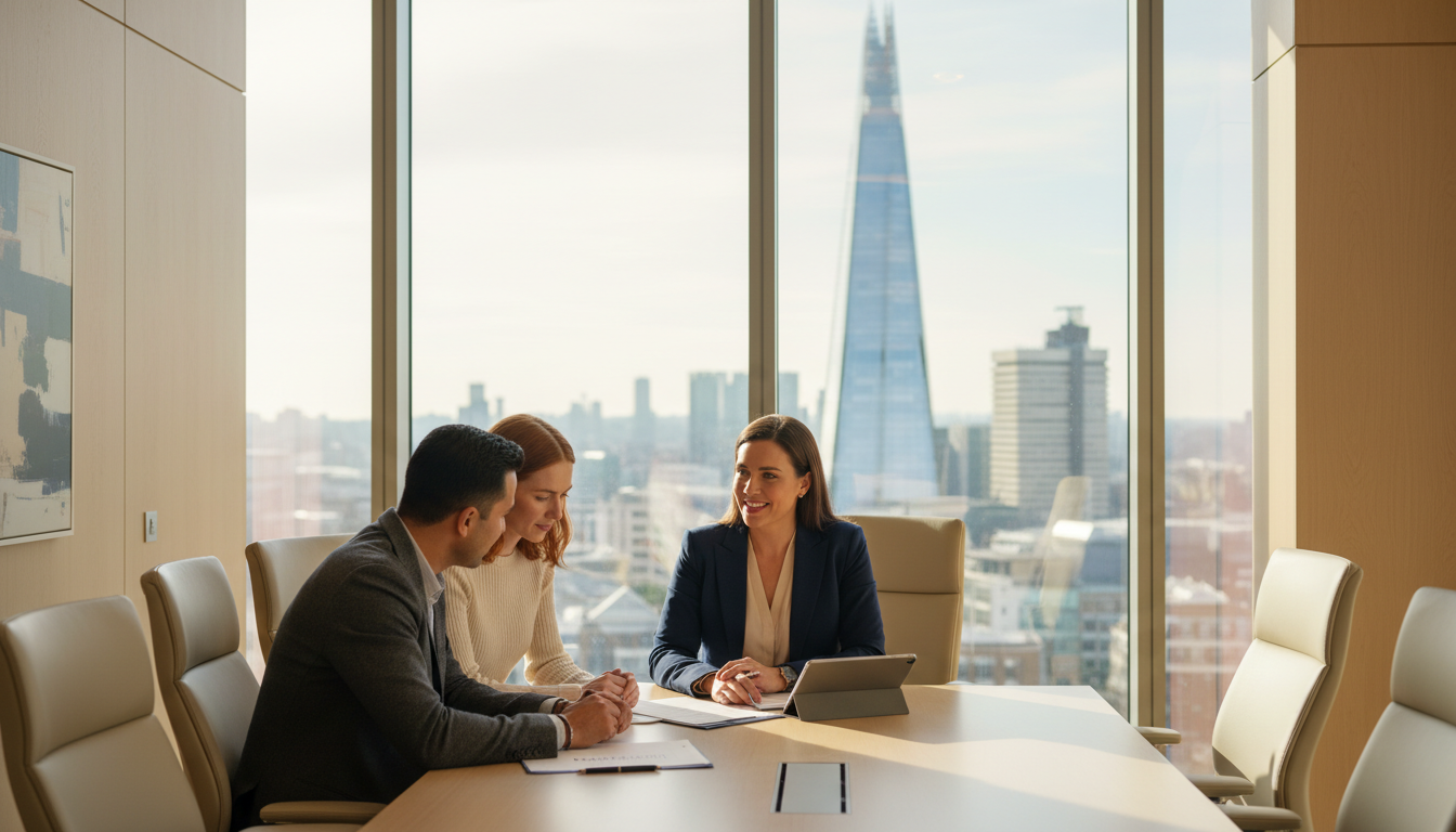 A professional financial advisor sitting across from an international couple in a modern London office with a view of The Shard in the background, warm natural lighting, high-quality corporate photography style.