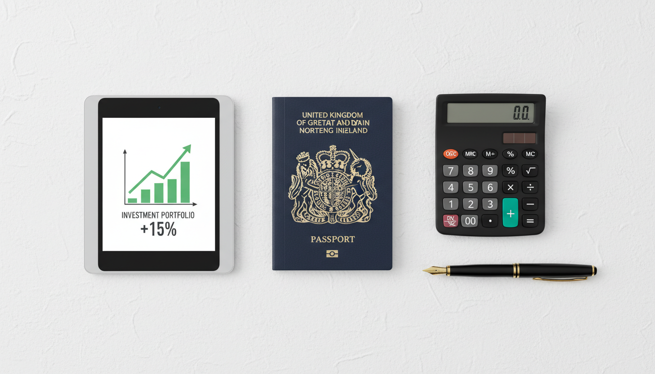 A flat lay of a UK passport, a professional calculator, a fountain pen, and a digital tablet showing a growing investment portfolio graph, clean and minimalist aesthetic.