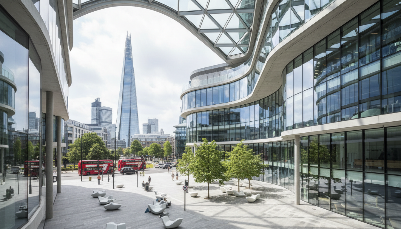 A wide-angle shot of a modern medical facility in London with a view of the Shard in the background, daytime, professional and high-end aesthetic.