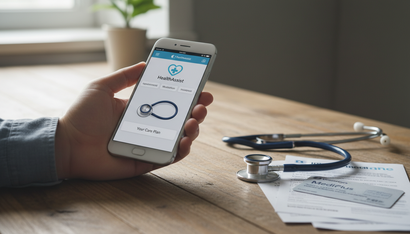 A close-up of a person's hand holding a smartphone displaying a healthcare app with a stethoscope and insurance documents on a wooden table, soft natural lighting.