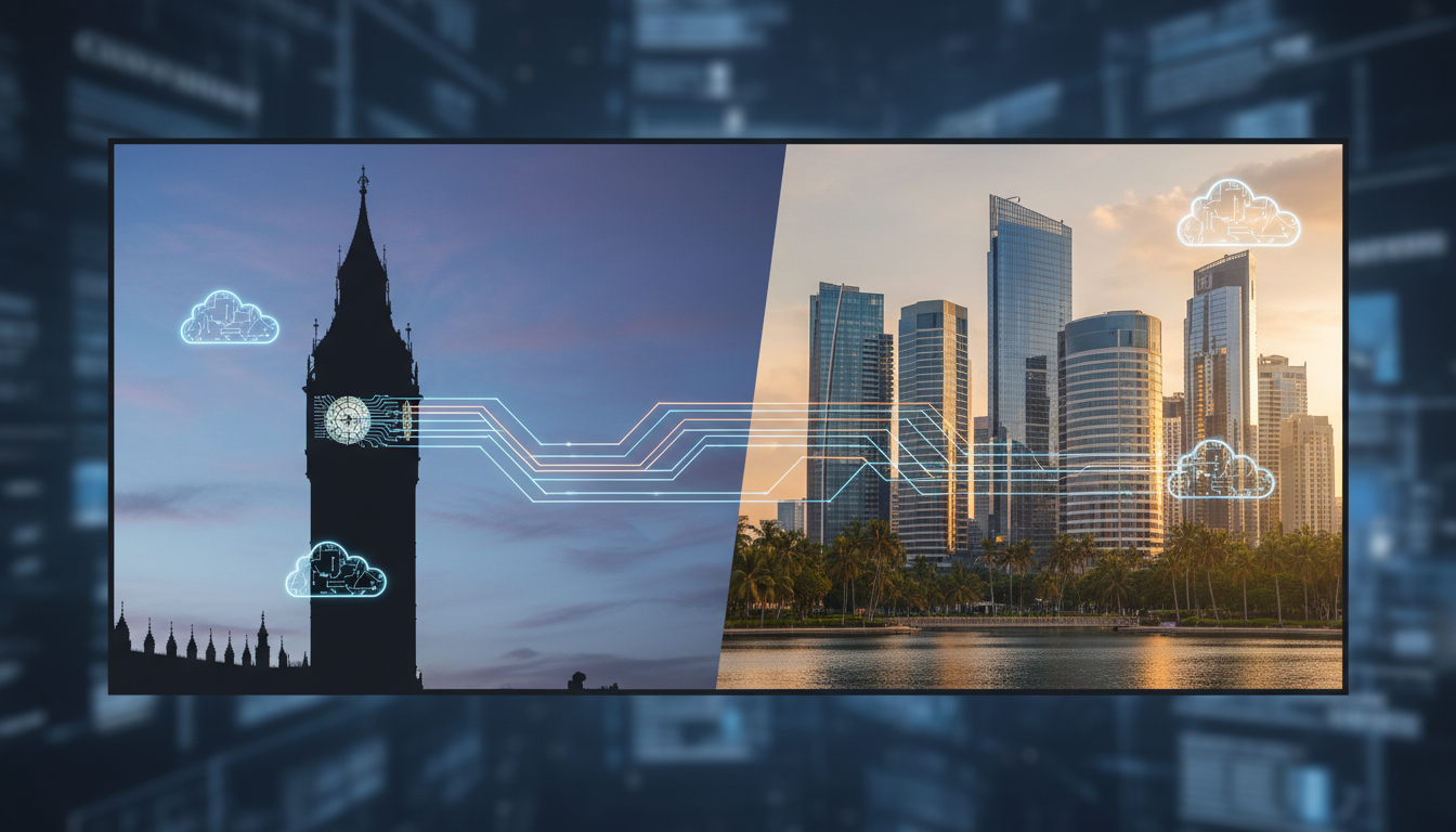 A professional split-screen digital illustration showing a Big Ben silhouette on one side and a modern tropical office skyline on the other, connected by glowing data lines and cloud symbols.