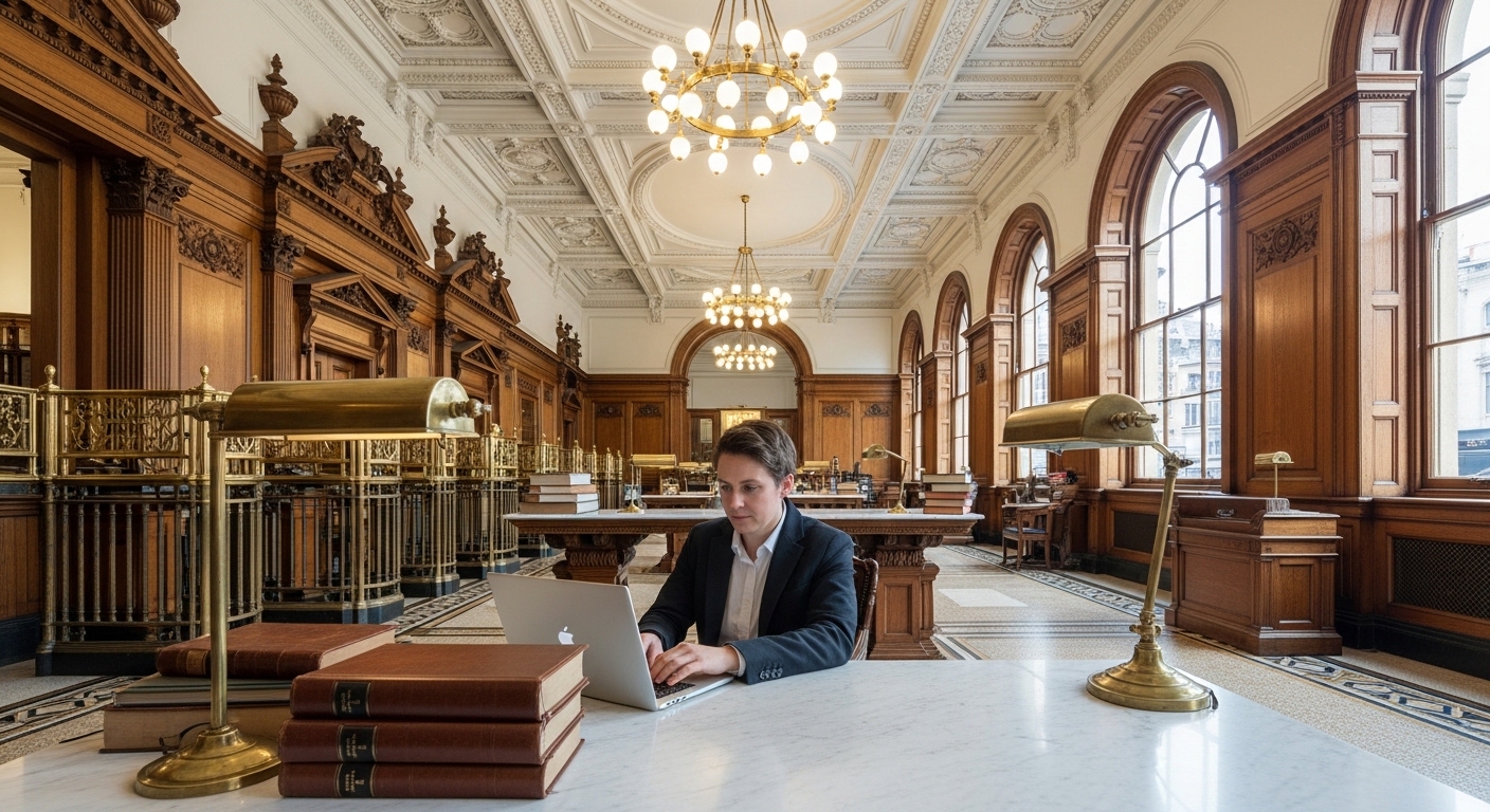 A wide-angle interior shot of a classic, high-ceilinged British bank branch with wood paneling, contrasted with a person using a modern silver laptop on a marble desk, representing the blend of tradition and technology.