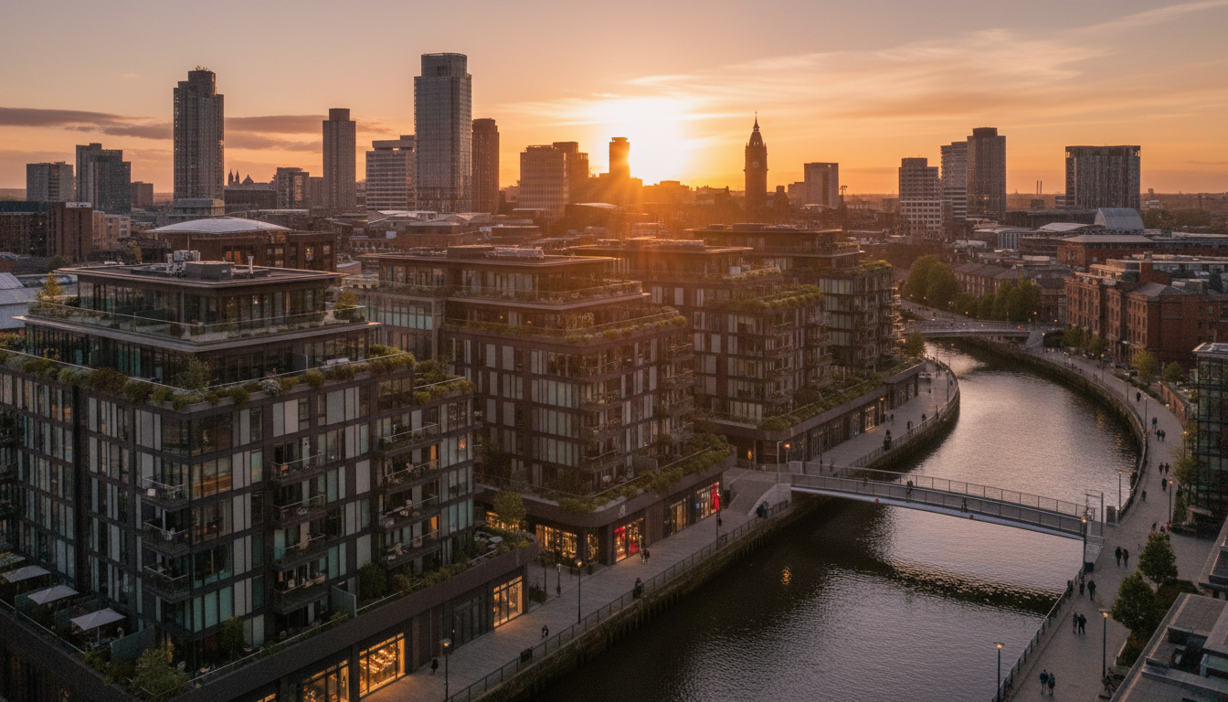 A wide-angle, high-resolution shot of a modern luxury apartment complex in a revitalized area of Manchester, featuring sleek glass architecture and greenery, with the city skyline in the background during golden hour.