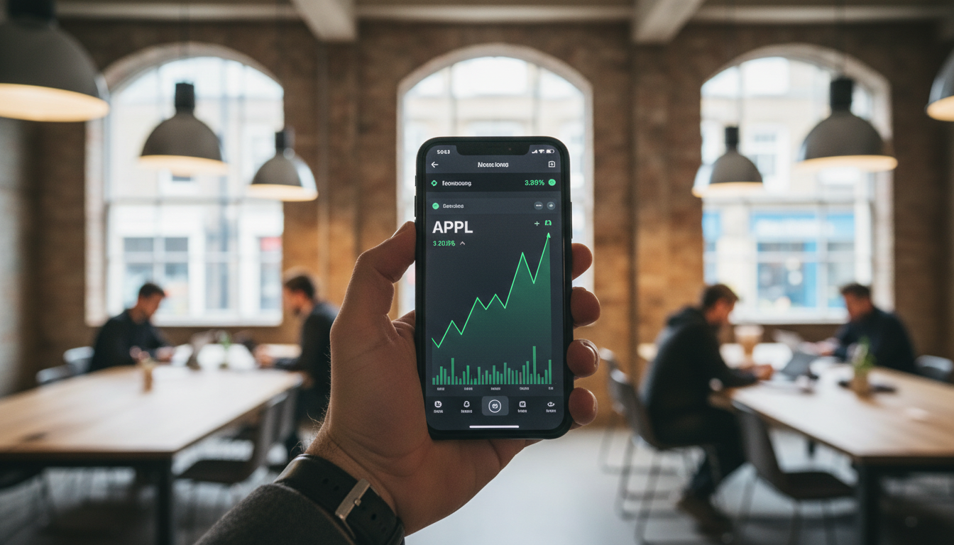 A professional close-up of a hand holding a smartphone displaying a sleek financial trading app with green growth charts, blurred background of a modern co-working space in London's Shoreditch district.
