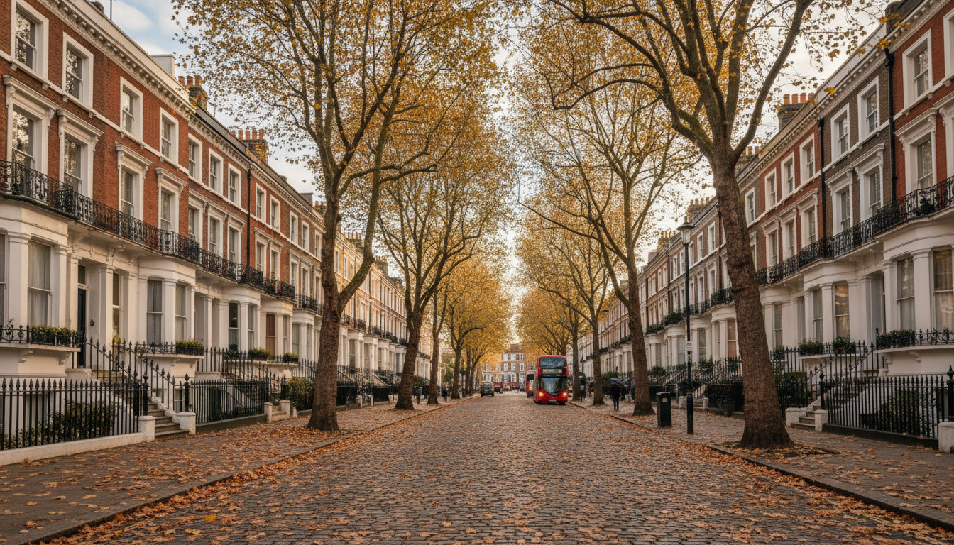 A wide-angle shot of a classic London street with Victorian terraced houses, autumn leaves on the ground, high quality, professional architectural photography with soft natural lighting.