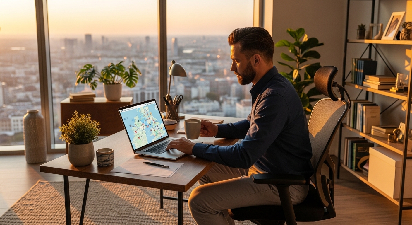 A professional expat sitting in a modern home office in a high-rise building, looking at a laptop with a digital map of the United Kingdom on the screen, warm lighting, cozy atmosphere.