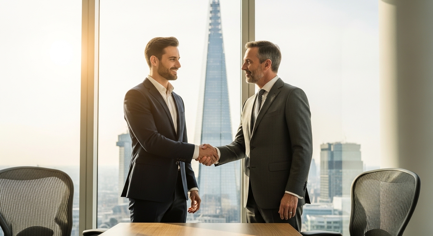 A professional expat entrepreneur shaking hands with a British investor in a modern London office with a view of the Shard in the background, warm natural lighting.