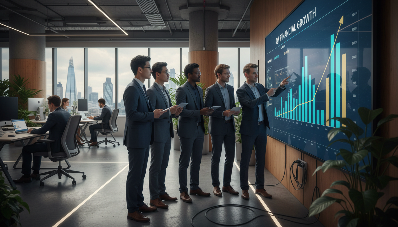 A diverse group of entrepreneurs in a high-tech London co-working space, analyzing financial growth charts on a large digital touch screen.