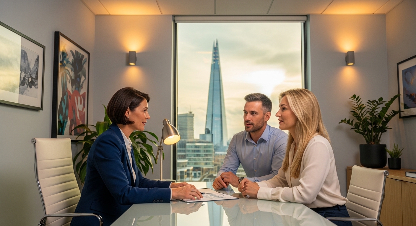 A professional tax advisor sitting across from an expat couple in a modern London office, with a view of the Shard through the window, warm lighting, high quality photography.