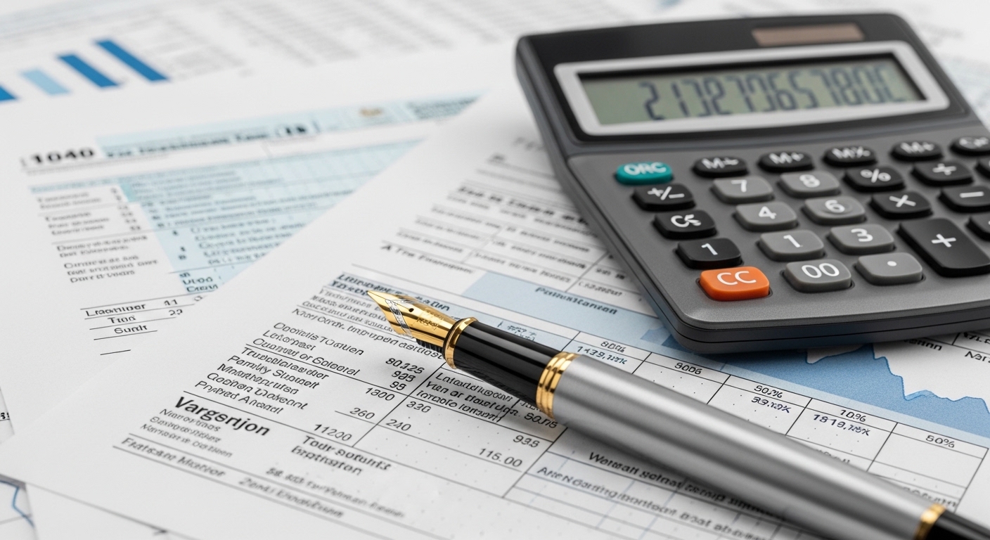 A close-up of a fountain pen resting on complex financial documents and a calculator, focused on tax forms, professional photography style, shallow depth of field.