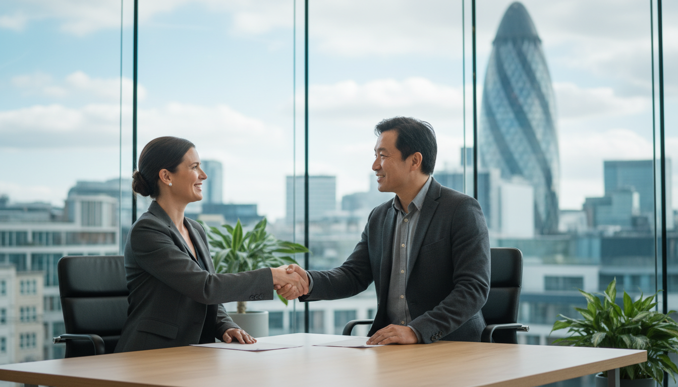 A professional accountant in a modern, glass-walled office in London, shaking hands with a diverse expatriate client, with a blurred cityscape including the Gherkin building in the background.