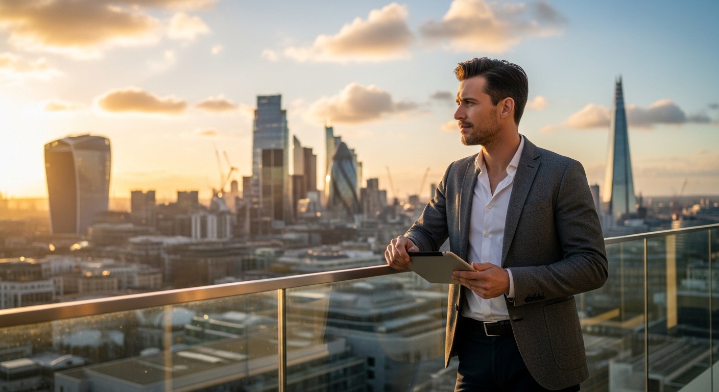 A professional individual in a smart-casual suit standing on a balcony overlooking the London skyline with the Gherkin and Shard visible, holding a tablet and looking thoughtful.