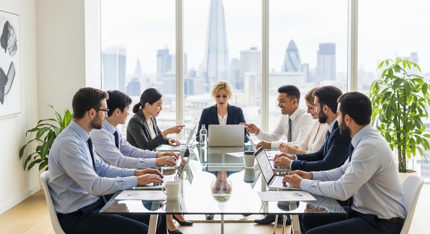A diverse group of business professionals sitting around a modern glass table in a bright, minimalist London office, engaged in a collaborative discussion with laptops and coffee cups.