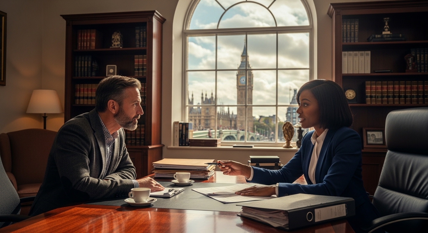 A professional and warm office setting in central London, featuring a diverse lawyer and an expat client discussing documents with a view of the Big Ben through the window, cinematic lighting, 8k resolution.