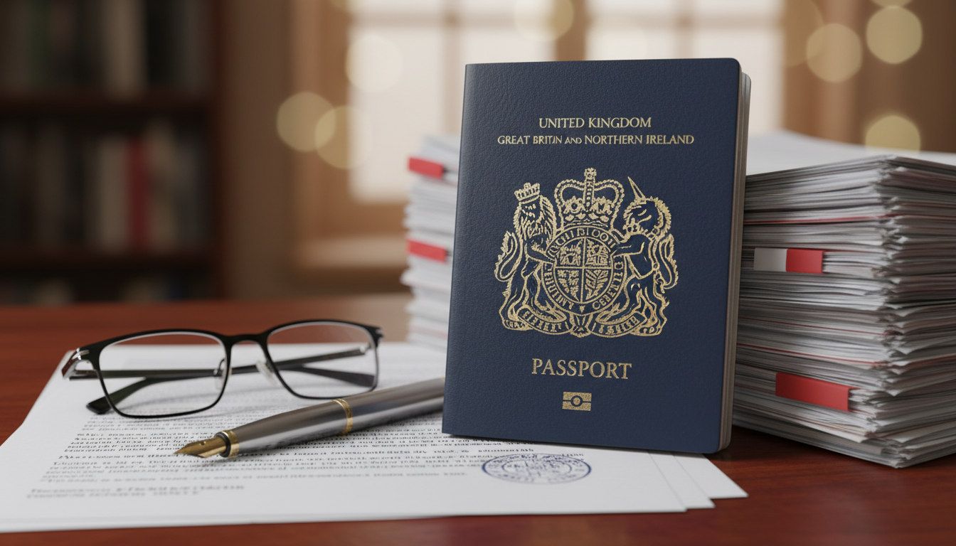 A close-up, high-detail shot of a British passport resting on top of a stack of legal documents and a mahogany desk, with a pair of designer glasses and a fountain pen nearby, soft bokeh background.