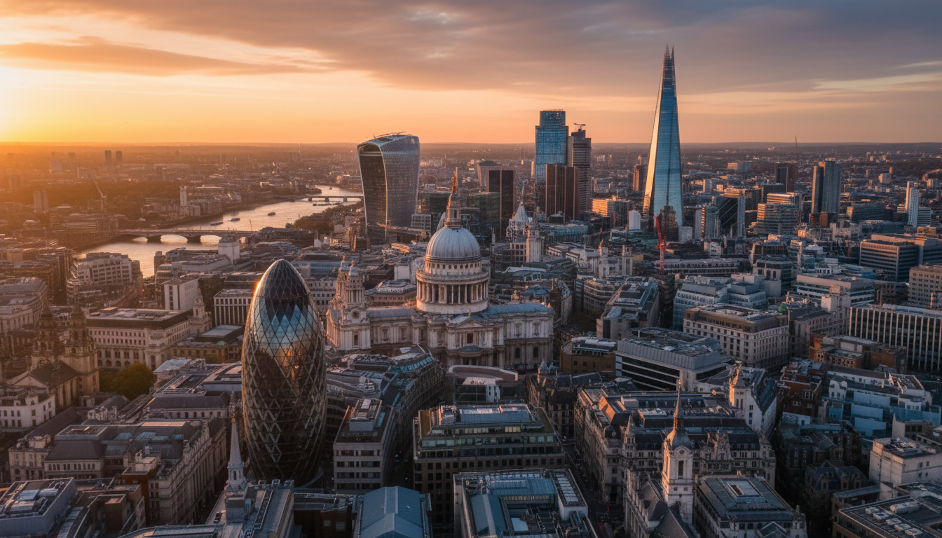 A high-angle, cinematic shot of the City of London skyline at sunset, focusing on the architectural contrast between historic buildings and modern glass skyscrapers like the Shard and the Gherkin, representing business growth.