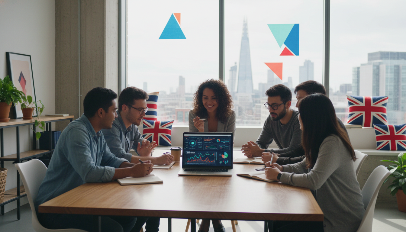 A diverse group of young entrepreneurs in a bright, modern London co-working space, looking at a laptop screen with digital charts, with a subtle Union Jack motif in the background decor.